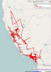Screenshot of optimal tour of KFC store locations in California.