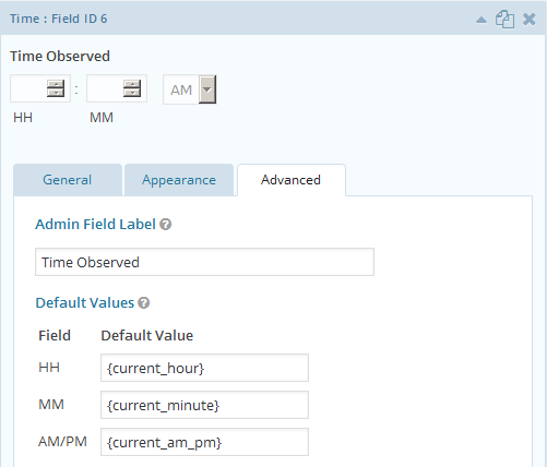 Screenshot of Gravity Forms Time field merge tags